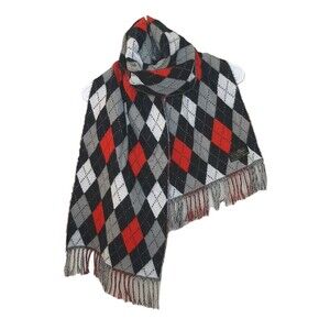 100% Cashmere Scarf Red Black Argyle Print Made In Germany Fringed Soft